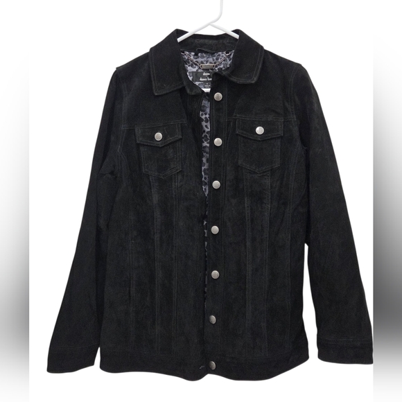 dennis basso Jackets & Blazers - Dennis Basso Suede Leather Button Front  Black Jacket Women’s Sz Small Washable